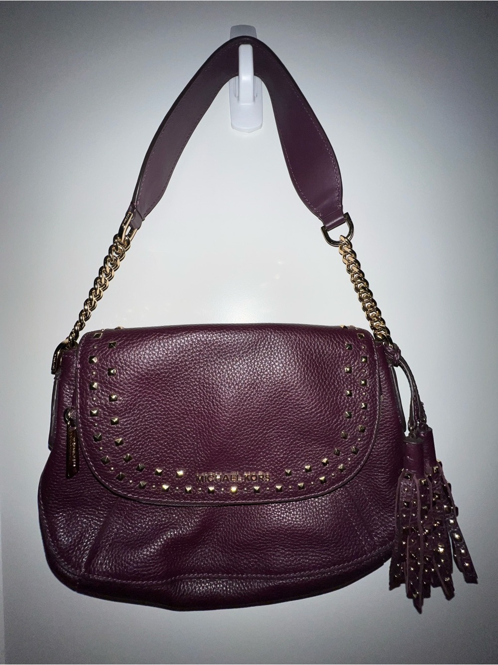 Michael Kors Plum Pebbled Leather Studded Shoulder Bag with Tassel